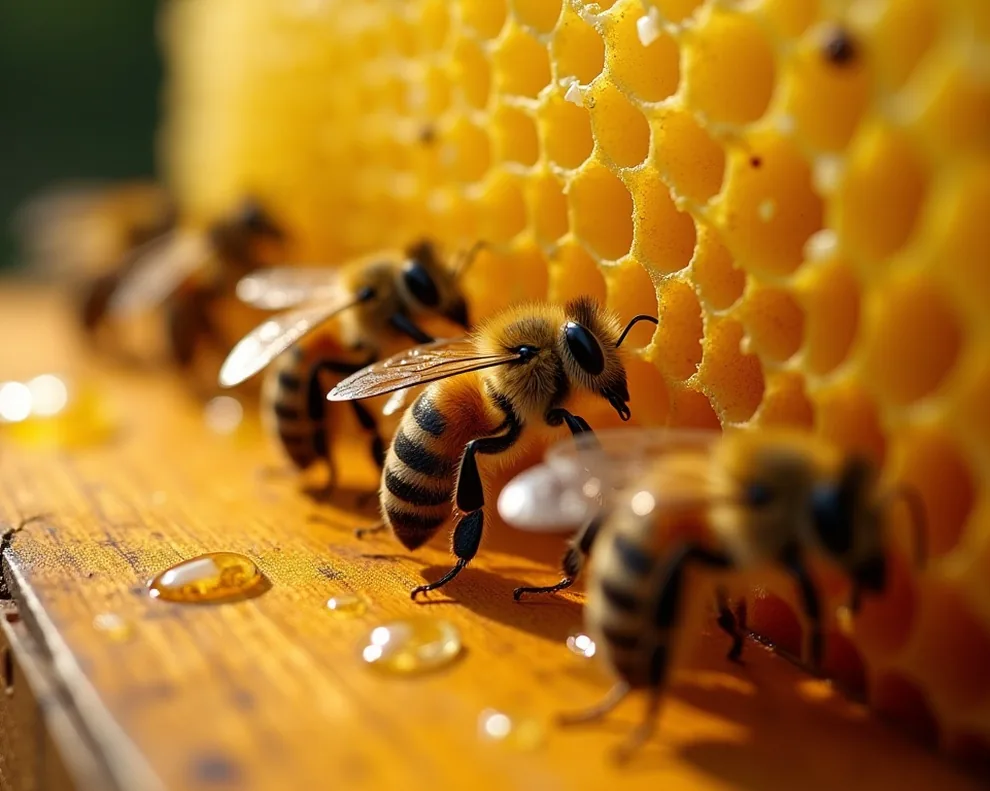 Close-up macro shot of honeybees on a wooden hive frame covered in golden honeycomb natural daylight