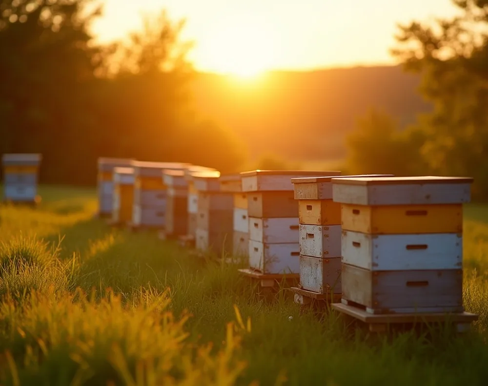Golden hour photograph of a sunlit countryside apiary with wooden beehives arranged on green grass