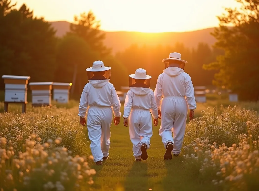 Group of three older adults in white beekeeping suits walking through a flowering meadow toward wooden beehives