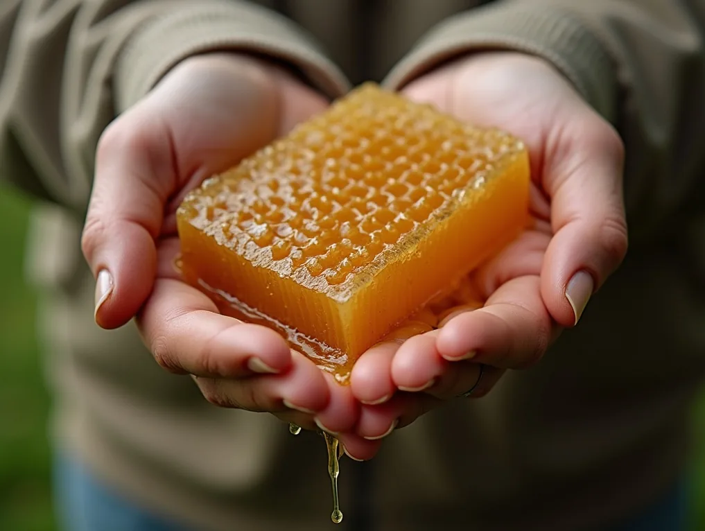 Hands of an elderly person gently holding a honeycomb dripping with golden honey blurred natural background
