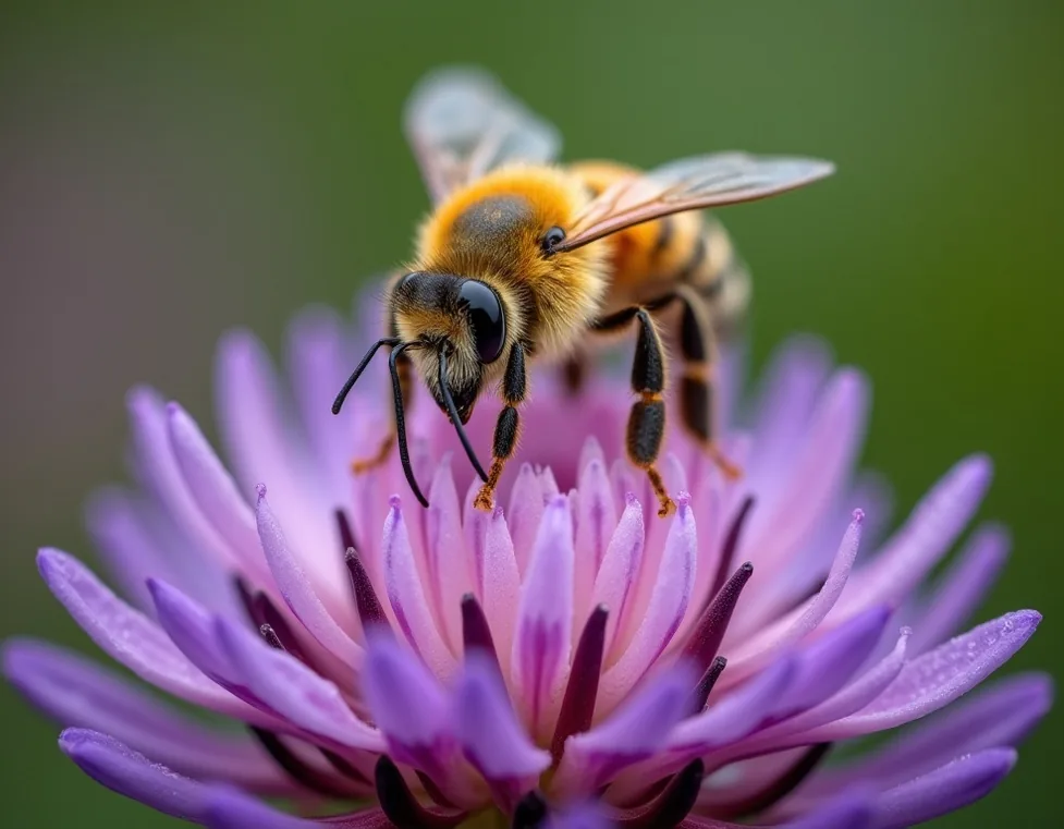 Macro photograph of a single honeybee landing on a purple clover flower with dewdrops on petals