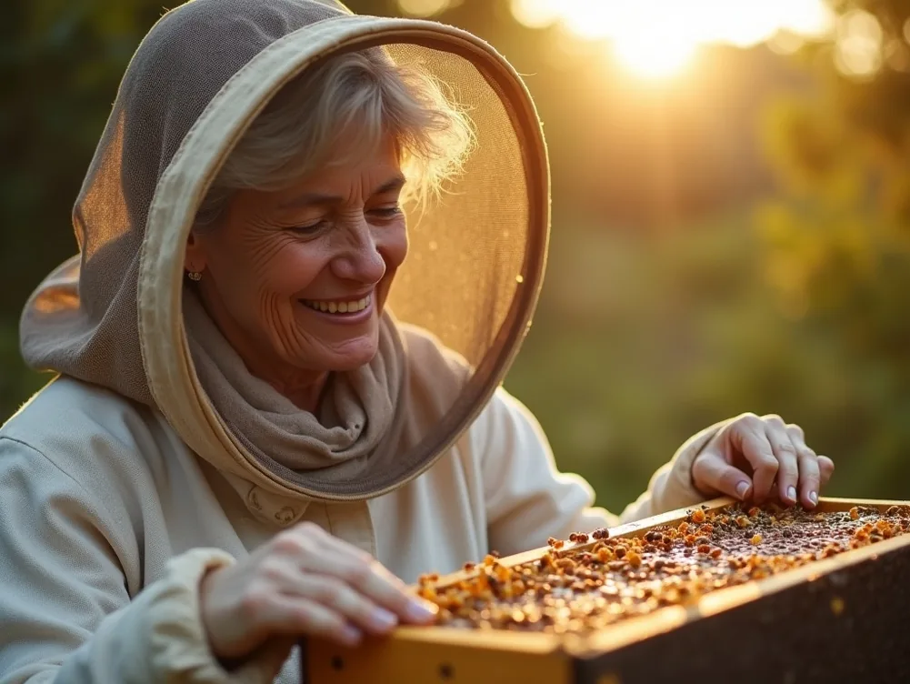Mature woman in her late fifties smiling gently while inspecting a beehive mesh veil pushed back