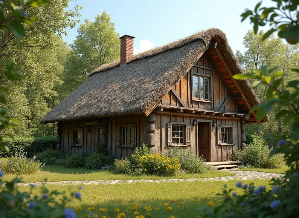 Rustic wooden countryside cottage with thatched roof serving as beekeeping school surrounded by apple trees