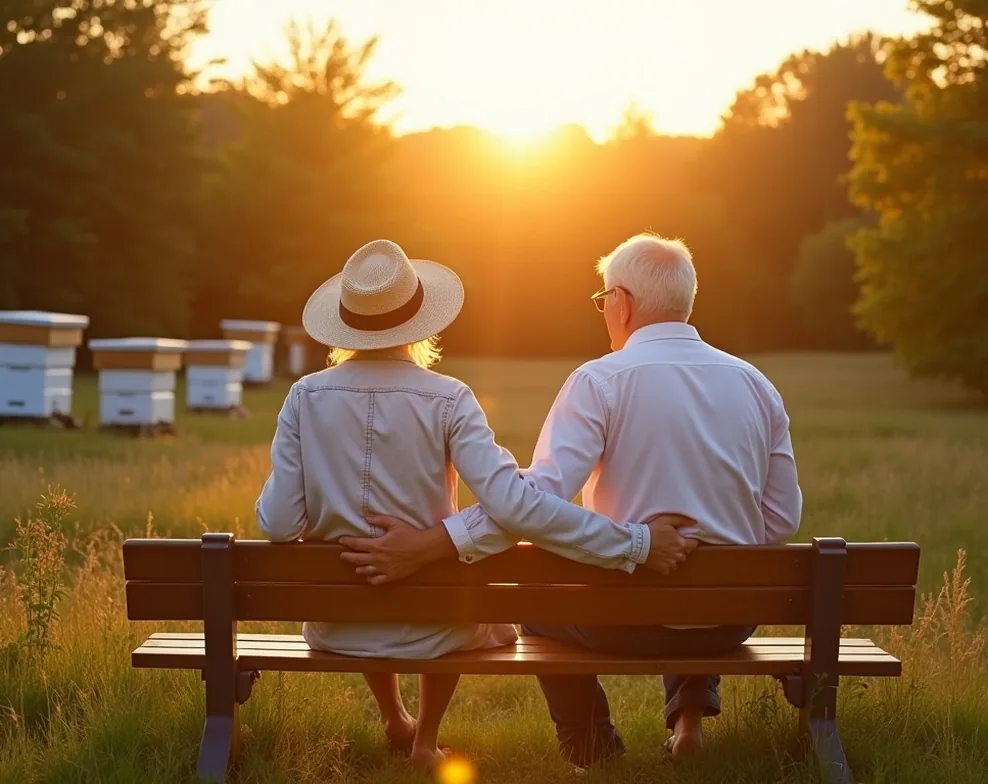 Senior couple sitting together on a wooden bench near beehives holding hands looking peacefully at the apiary