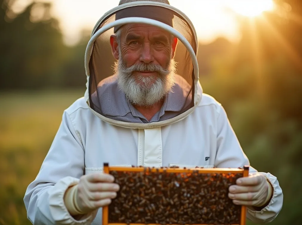 Senior man in his sixties with white beard wearing protective beekeeping suit holding a frame of bees