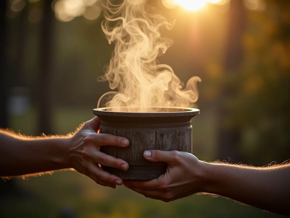 Smoke gently rising from a traditional bee smoker held by weathered hands warm bokeh background atmospheric