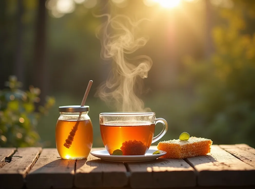 Steaming cup of herbal tea with honey jar and honeycomb on a rustic wooden table outdoors blurred apiary