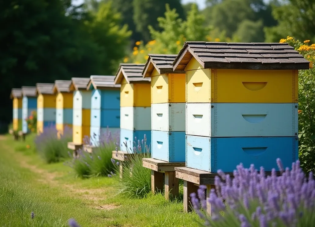 Vintage wooden beehives painted pastel blue and yellow standing in a row in a sunny garden with lavender