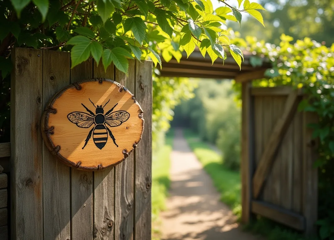 Wooden sign carved with bee motif hanging on a rustic gate at the entrance of a countryside apiary